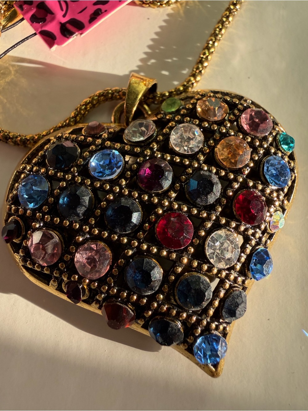 Betsey Johnson Gold Multicolor Crystal Heart Locket Necklace 30” - Picture 2 of 11